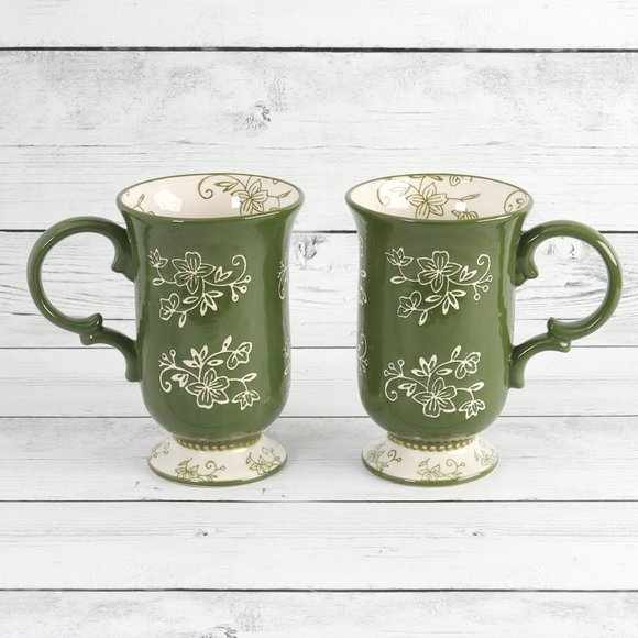 Floral Lace Green Tall Pedestal Mugs by Temp-Tations - Set of Two - Picture 1 of 11